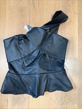 Black Faux Leather One-Shoulder Peplum Top